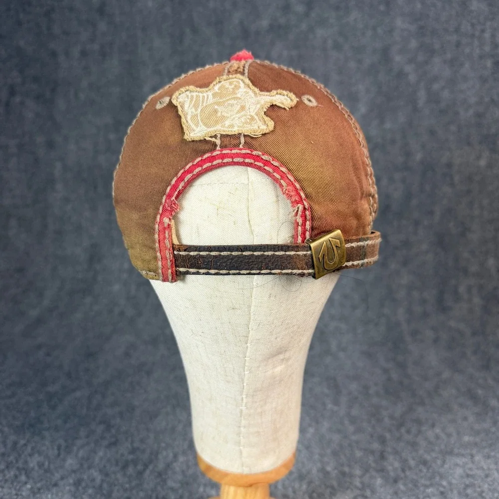 True Religion Brand Jeans Distressed Baseball Cap Red Brown Embroidered Hat OSFA
